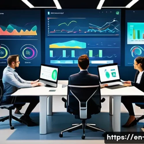 프로젝트 관리에서의 데이터 분석 활용법 - A modern project management office environment featuring a diverse team of professionals collaborati...