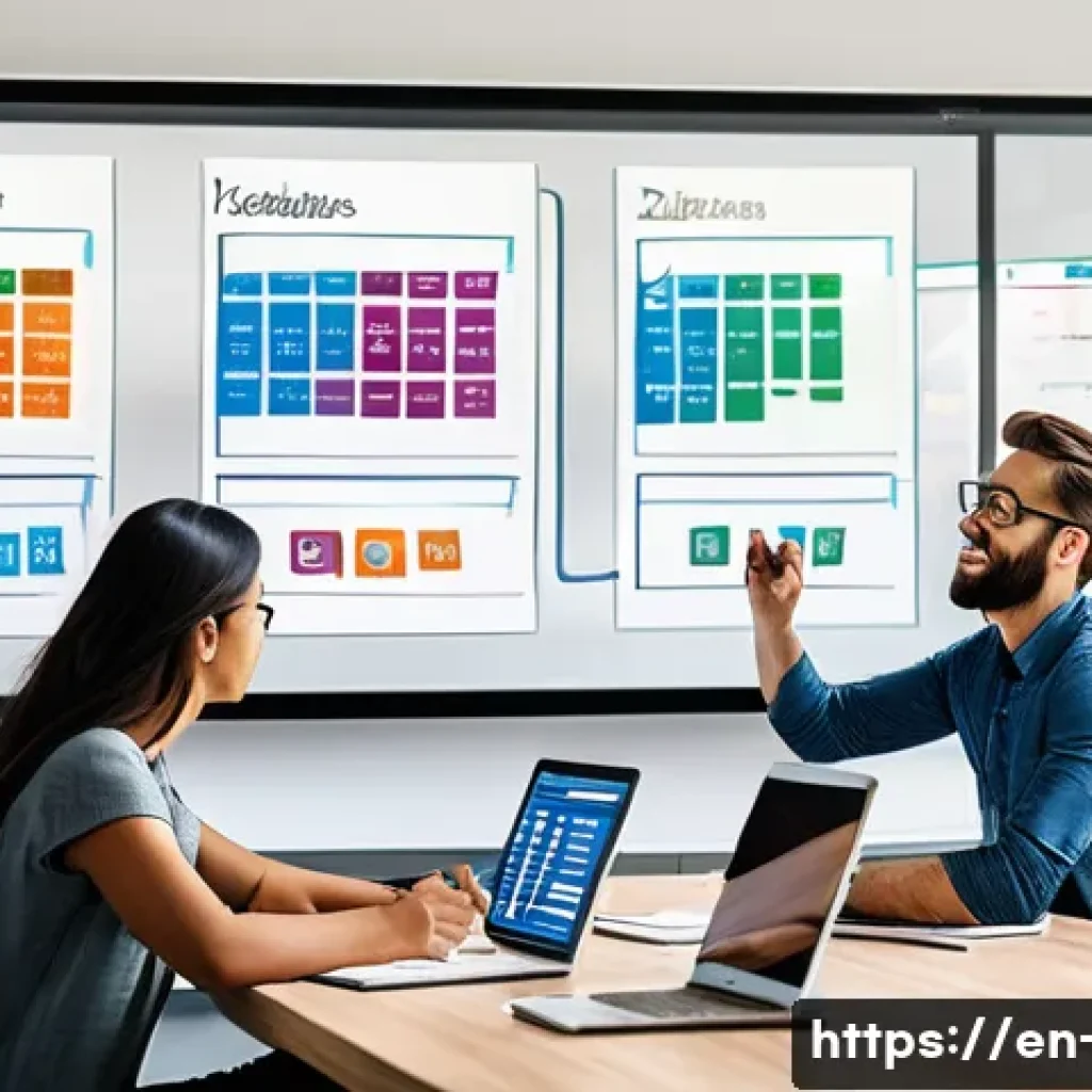 PM을 위한 시간 관리 기술 - A modern office workspace with a diverse team collaborating around a large table, featuring digital ...