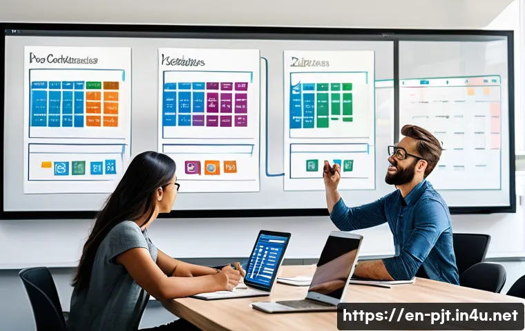 PM을 위한 시간 관리 기술 - A modern office workspace with a diverse team collaborating around a large table, featuring digital ...