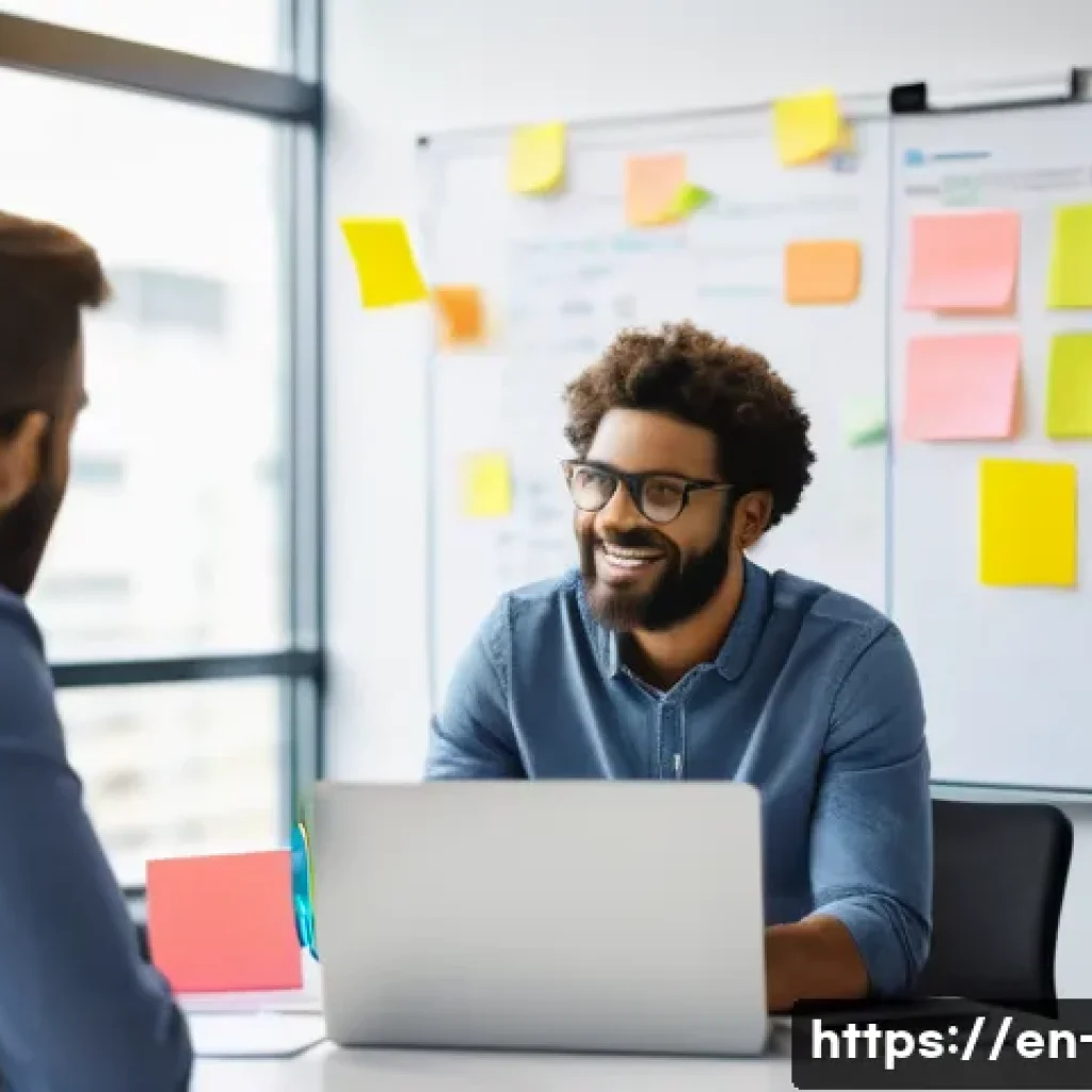 Scrum 마스터와 PM의 차이점 - A modern agile team meeting in a bright, open office space, with a diverse group of professionals ga...