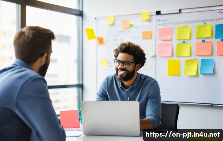 Scrum 마스터와 PM의 차이점 - A modern agile team meeting in a bright, open office space, with a diverse group of professionals ga...