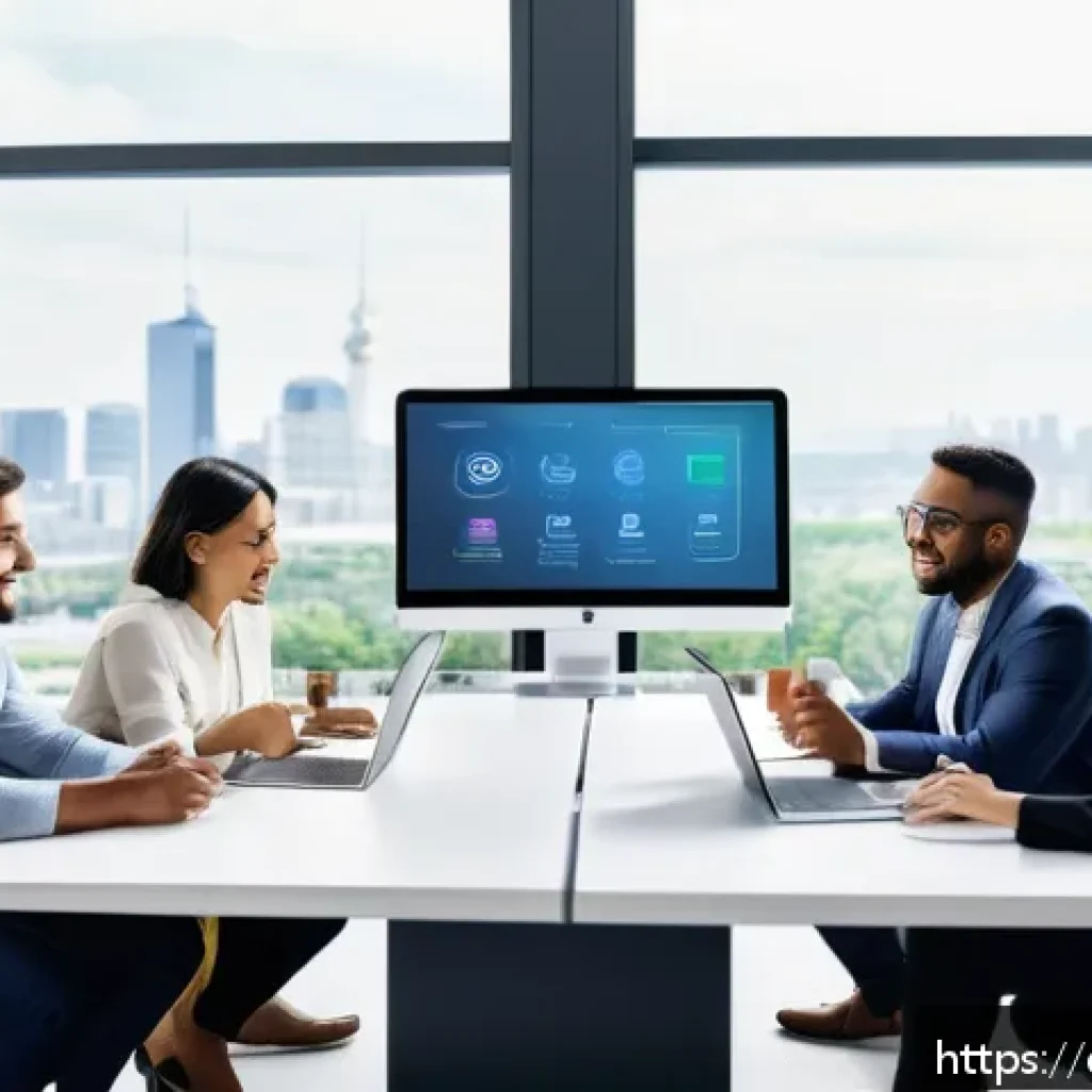 프로젝트 관리 도구 리뷰 및 추천 - A modern office setting with a diverse team of professionals collaborating around a large digital to...