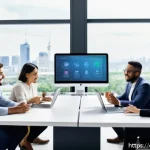 프로젝트 관리 도구 리뷰 및 추천 - A modern office setting with a diverse team of professionals collaborating around a large digital to...