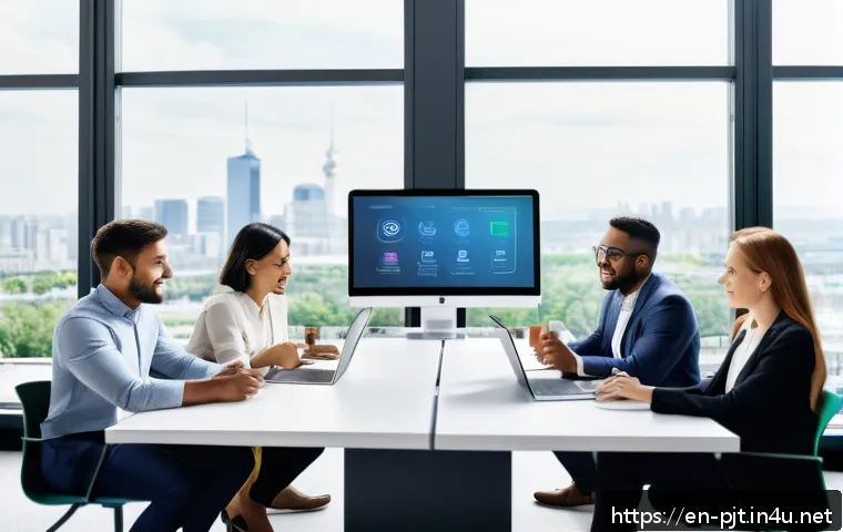 프로젝트 관리 도구 리뷰 및 추천 - A modern office setting with a diverse team of professionals collaborating around a large digital to...