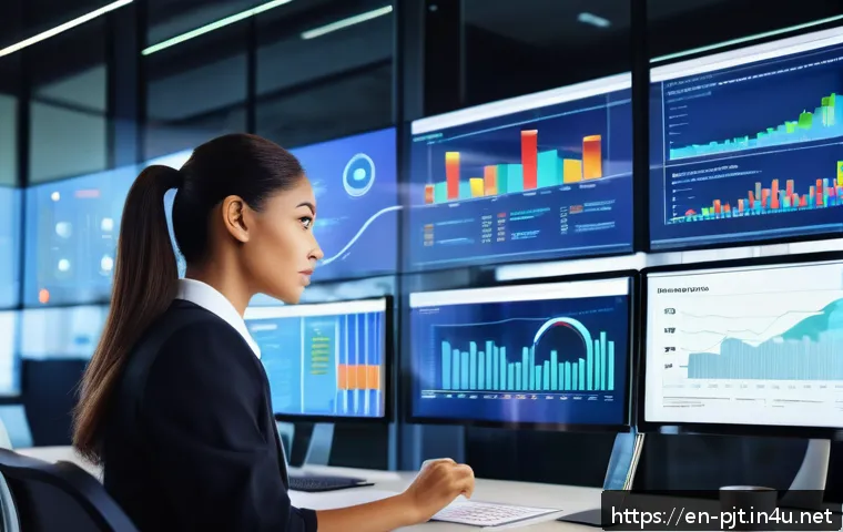 PM을 위한 예산 관리 팁 - A modern project manager in a sleek office environment, surrounded by multiple digital screens displ...