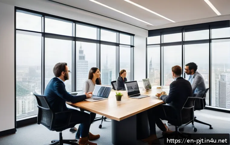 프로젝트 매니저 자격증 종류와 취득 방법 - A modern office setting with diverse professionals gathered around a large table, actively engaged i...