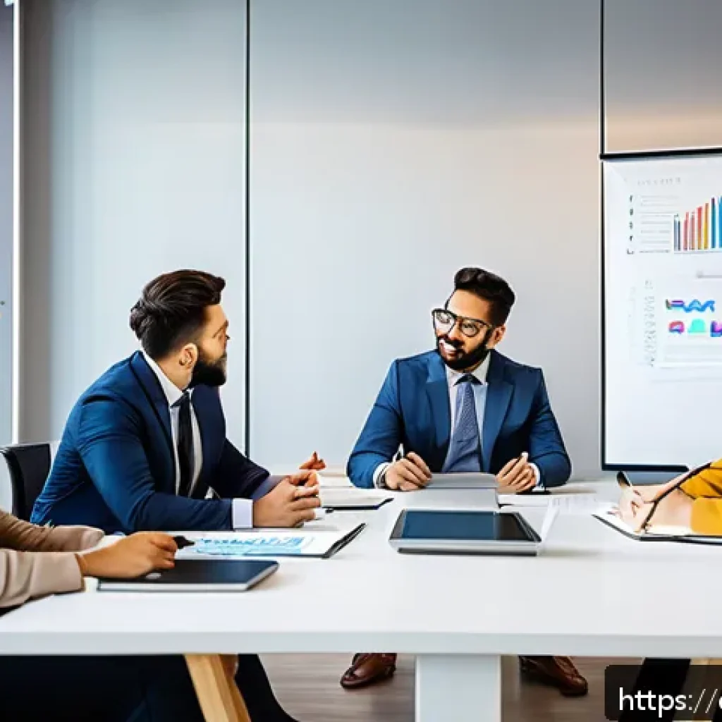 프로젝트 관리 직무의 장단점 - A dynamic office meeting scene showing a diverse group of professional adults—men and women of diffe...