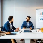 프로젝트 관리 직무의 장단점 - A dynamic office meeting scene showing a diverse group of professional adults—men and women of diffe...