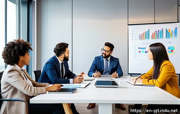 프로젝트 관리 직무의 장단점 - A dynamic office meeting scene showing a diverse group of professional adults—men and women of diffe...