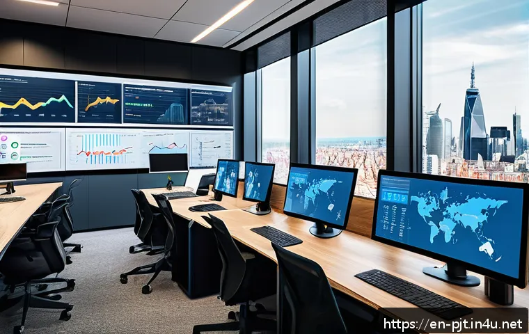 프로젝트 매니저가 알아야 할 경제 트렌드 - A modern project manager’s office environment showing a large digital dashboard with real-time infla...
