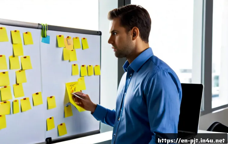 프로젝트 관리 실무에서 흔한 실수와 해결 방법 - Photorealistic project manager in a bright modern American office reviewing a chaotic project board ...
