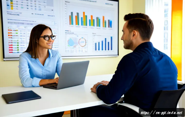 프로젝트 매니저를 위한 경력 상담 사례 - Photorealistic career coaching session for a project manager, a confident mid-career professional in...