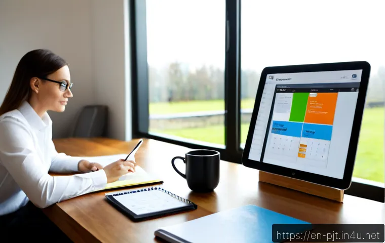 프로젝트 매니저를 위한 추천 블로그와 웹사이트 - Photorealistic project manager in a bright modern home office, seated at a clean wooden desk with an...